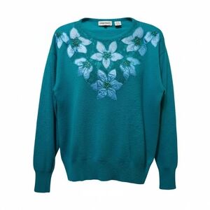 Vintage Emerald Green Long Sleeve Sweater With Beaded Appliques Large